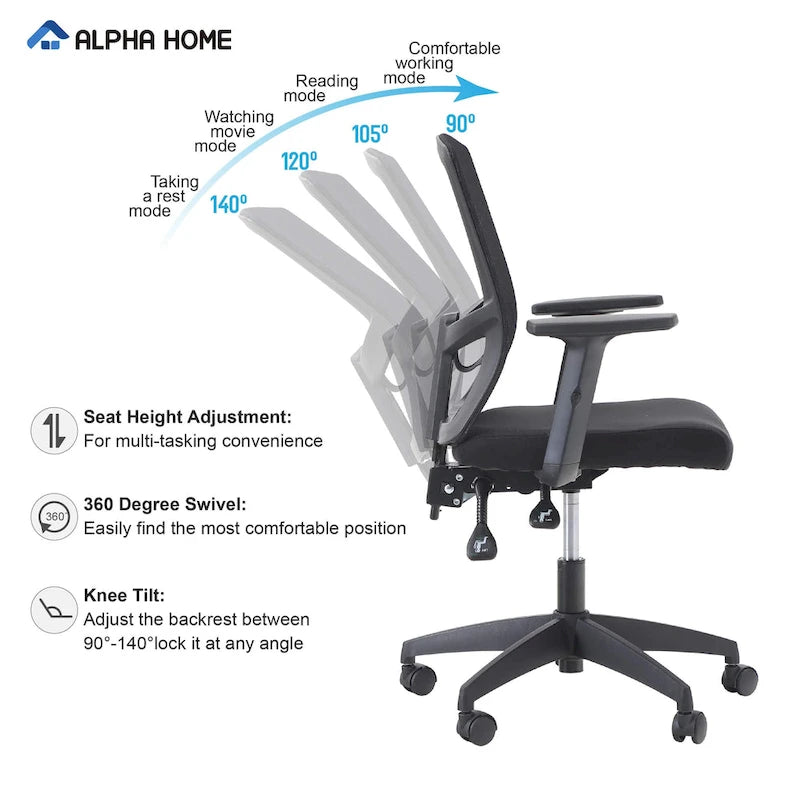 ALPHA HOME High Back Mesh Office Chair Adjustable Headrest, Armrest, Rolling Swivel Reclining Chair