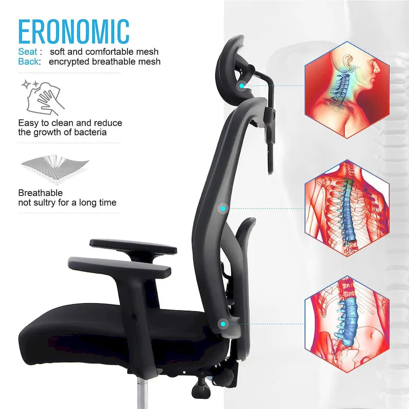 ALPHA HOME High Back Mesh Office Chair Adjustable Headrest, Armrest, Rolling Swivel Reclining Chair