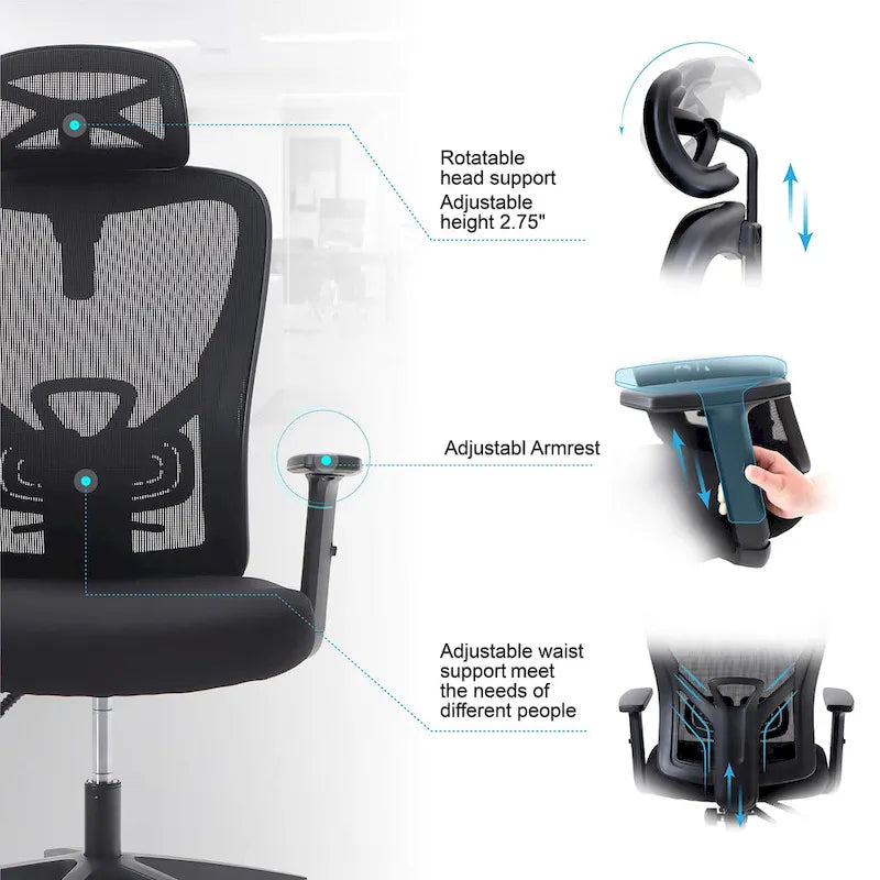 ALPHA HOME High Back Mesh Office Chair Adjustable Headrest, Armrest, Rolling Swivel Reclining Chair