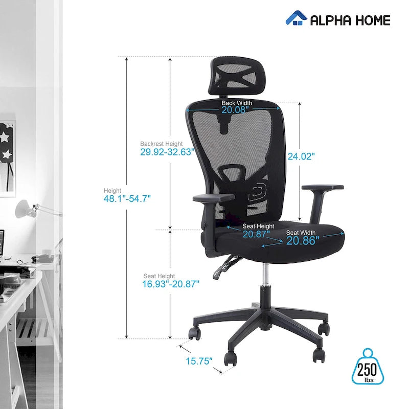 ALPHA HOME High Back Mesh Office Chair Adjustable Headrest, Armrest, Rolling Swivel Reclining Chair