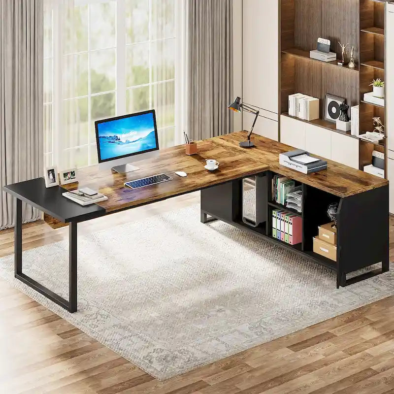 70.8 Executive Desk with 55 File Cabinet, Large L-Shaped Office Computer Desk with Storage Shelves and Cabinet