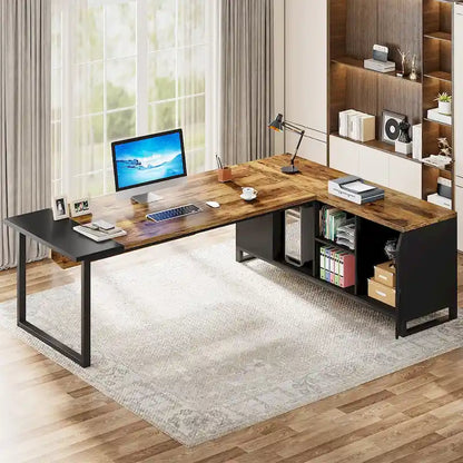 70.8 Executive Desk with 55 File Cabinet, Large L-Shaped Office Computer Desk with Storage Shelves and Cabinet