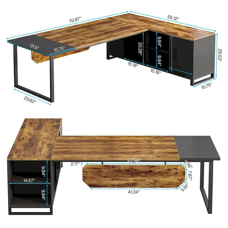 70.8 Executive Desk with 55 File Cabinet, Large L-Shaped Office Computer Desk with Storage Shelves and Cabinet