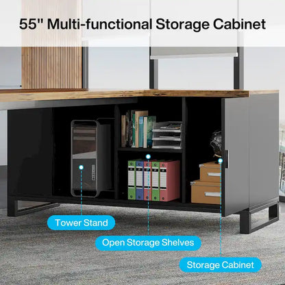 70.8 Executive Desk with 55 File Cabinet, Large L-Shaped Office Computer Desk with Storage Shelves and Cabinet