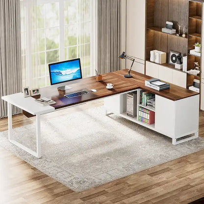 70.8 Executive Desk with 55 File Cabinet, Large L-Shaped Office Computer Desk with Storage Shelves and Cabinet