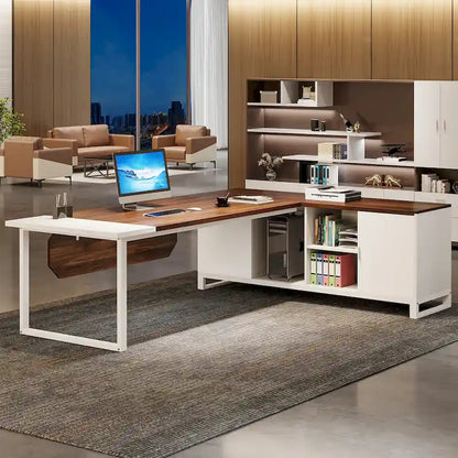 70.8 Executive Desk with 55 File Cabinet, Large L-Shaped Office Computer Desk with Storage Shelves and Cabinet
