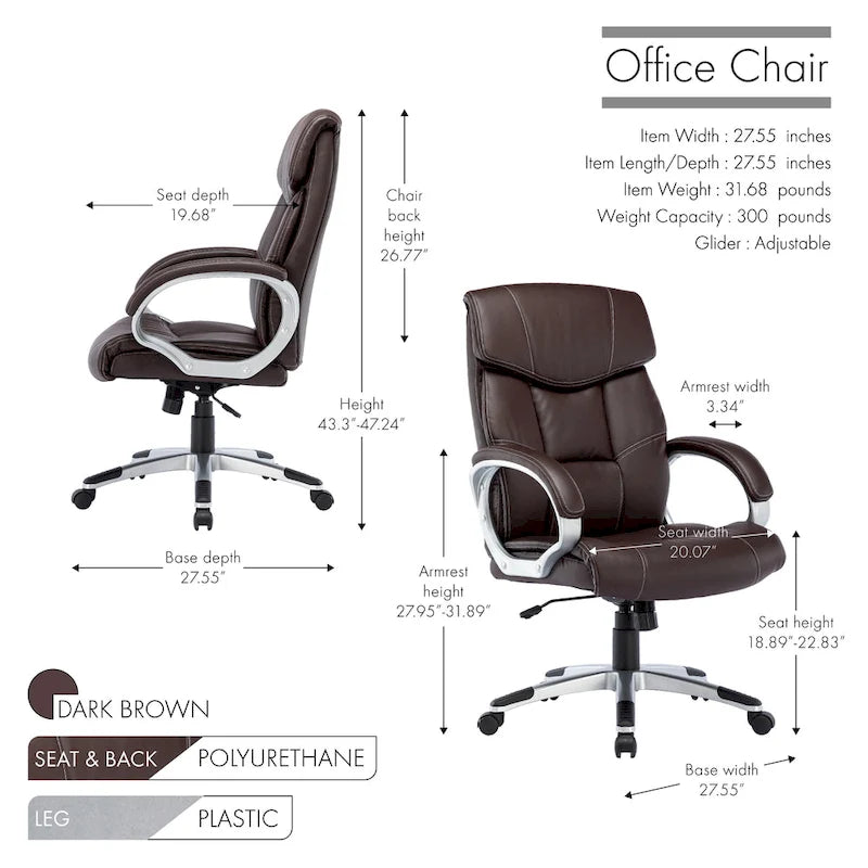 Porthos Home Novak Executive Office Chair, PU Leather, Roller Wheels