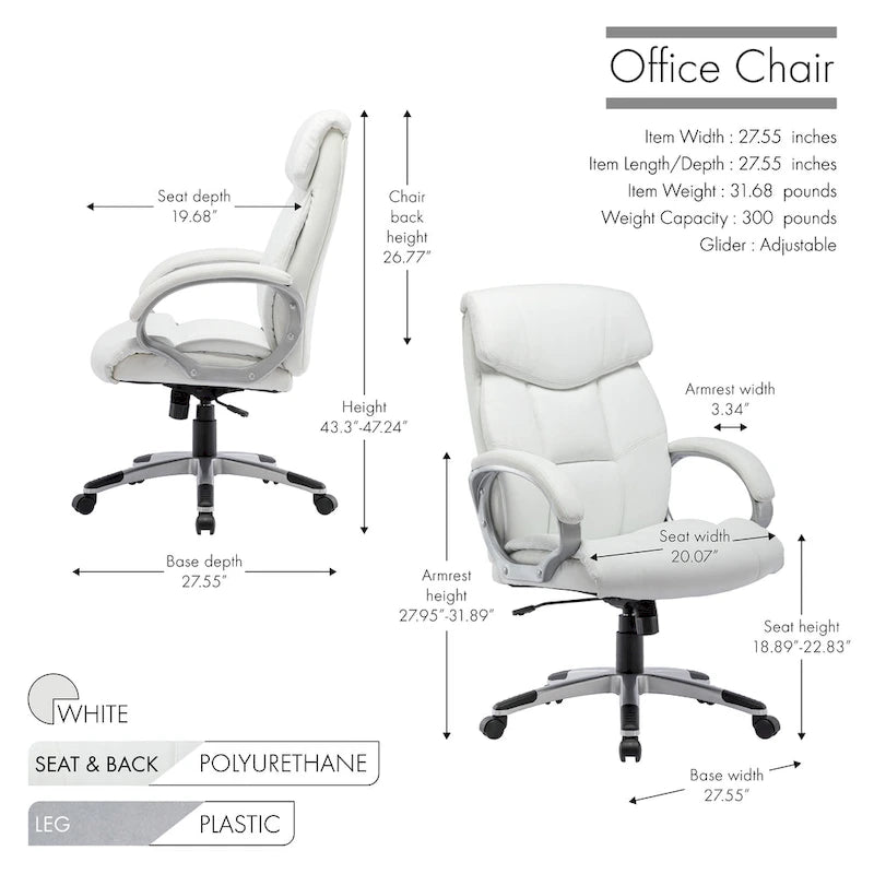 Porthos Home Novak Executive Office Chair, PU Leather, Roller Wheels