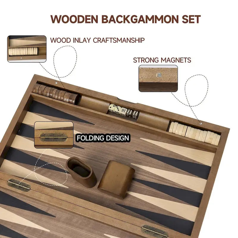 GSE 21 Premium Wooden Inlay Backgammon Board Game Set, Portable Folding Backgammon Board Game with Game Pieces - 21-Inch
