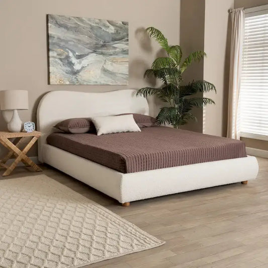 Maya Mid-Century Modern Cream Boucle Fabric and Oak Brown Finished Wood Queen Size Platform Bed