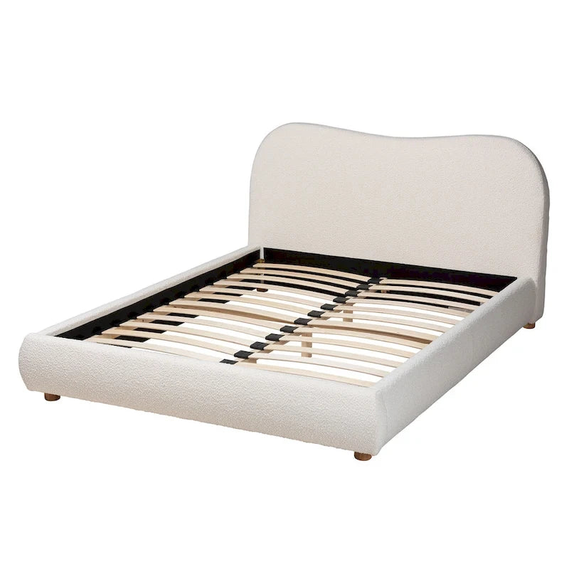 Maya Mid-Century Modern Cream Boucle Fabric and Oak Brown Finished Wood Queen Size Platform Bed