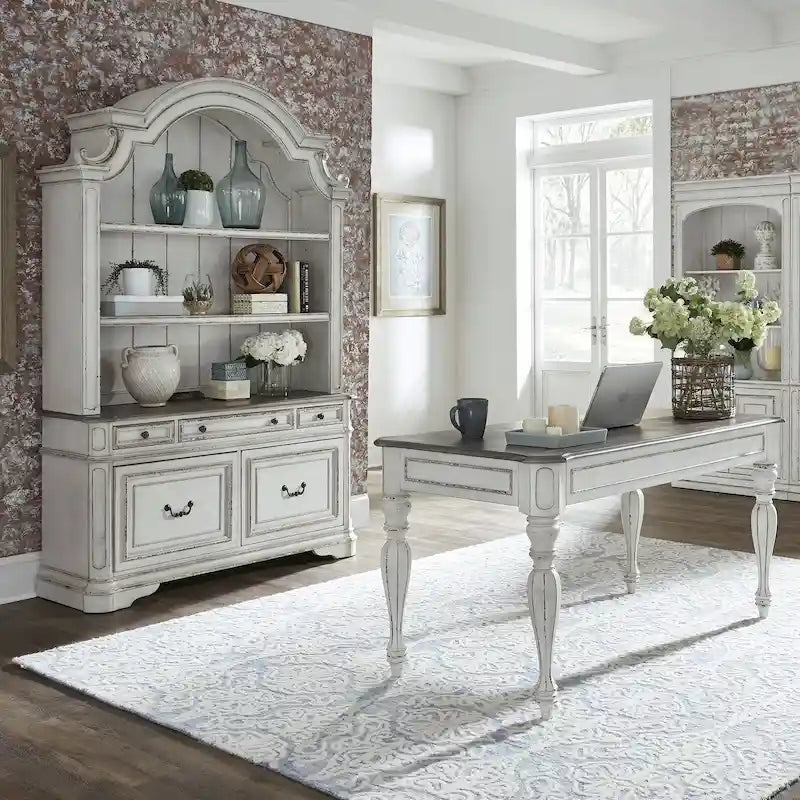 Magnolia Manor Antique White Weathered Bark 3 Piece Desk & Hutch Set