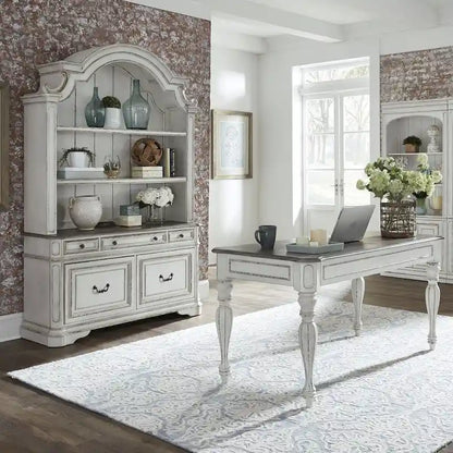 Magnolia Manor Antique White Weathered Bark 3 Piece Desk & Hutch Set