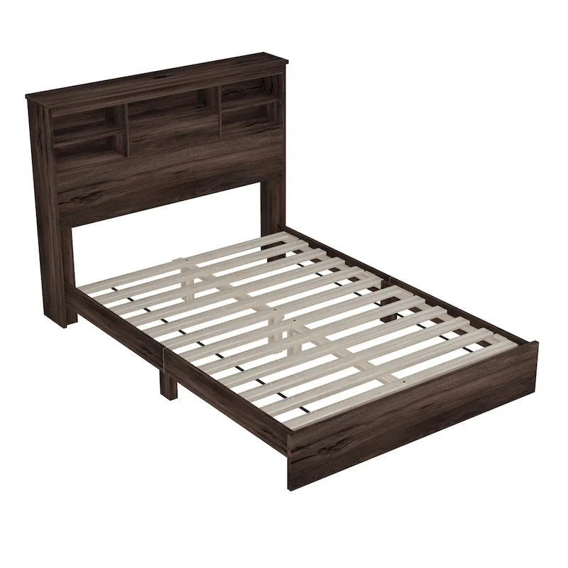 4-Pieces Bedroom Sets Queen Size Wooden Bed Frame with 2 Nightstands and 1 Dresser,Dark Walnut