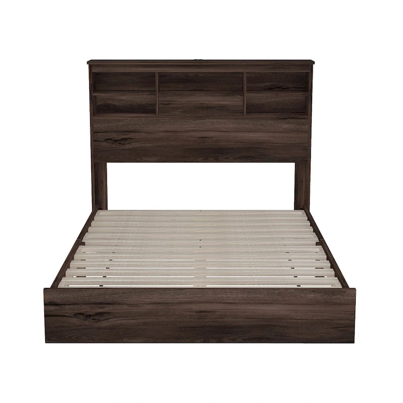 4-Pieces Bedroom Sets Queen Size Wooden Bed Frame with 2 Nightstands and 1 Dresser,Dark Walnut