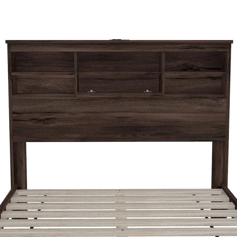 4-Pieces Bedroom Sets Queen Size Wooden Bed Frame with 2 Nightstands and 1 Dresser,Dark Walnut