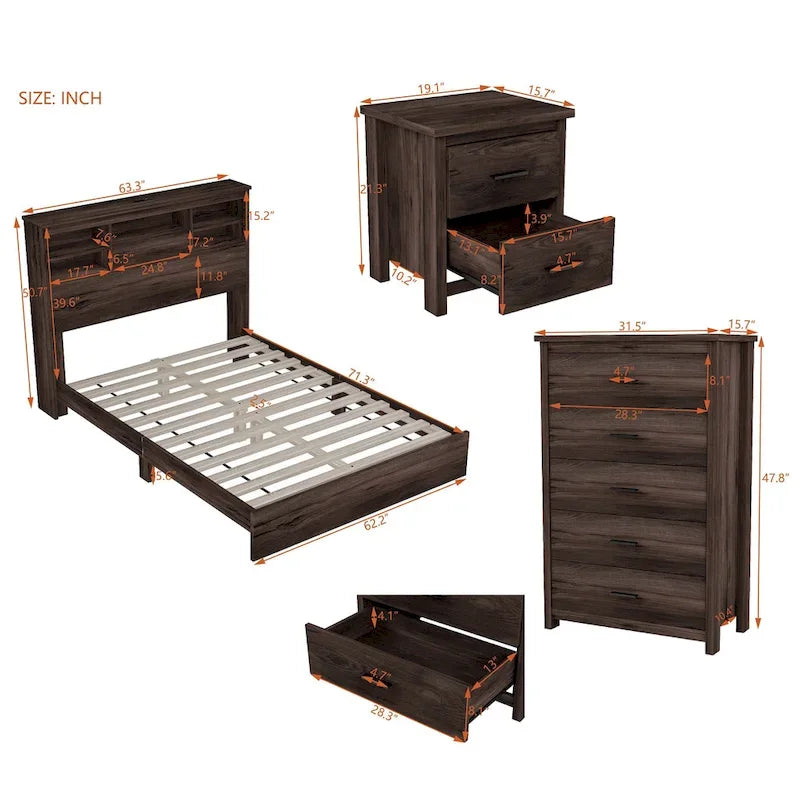 4-Pieces Bedroom Sets Queen Size Wooden Bed Frame with 2 Nightstands and 1 Dresser,Dark Walnut