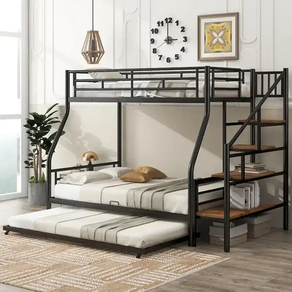 Twin over Full Size Metal Bunk Bed with Trundle and Storage Staircase, Black
