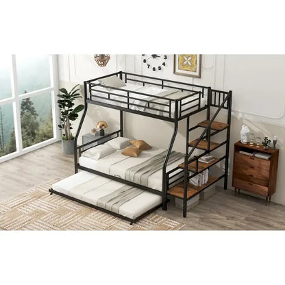 Twin over Full Size Metal Bunk Bed with Trundle and Storage Staircase, Black