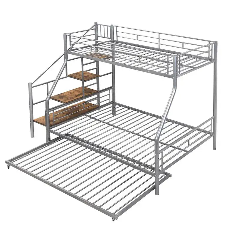 Twin over Full Size Metal Bunk Bed with Trundle and Storage Staircase, Black