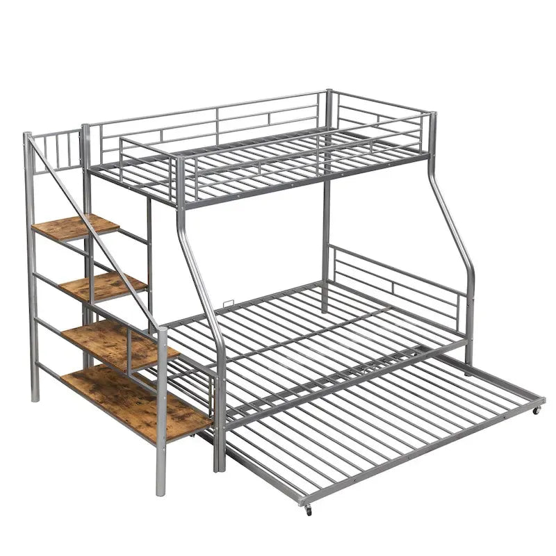 Twin over Full Size Metal Bunk Bed with Trundle and Storage Staircase, Black