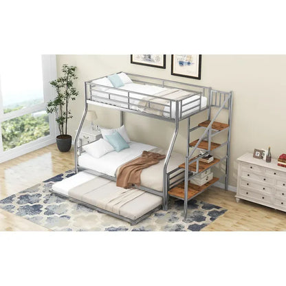 Twin over Full Size Metal Bunk Bed with Trundle and Storage Staircase, Black