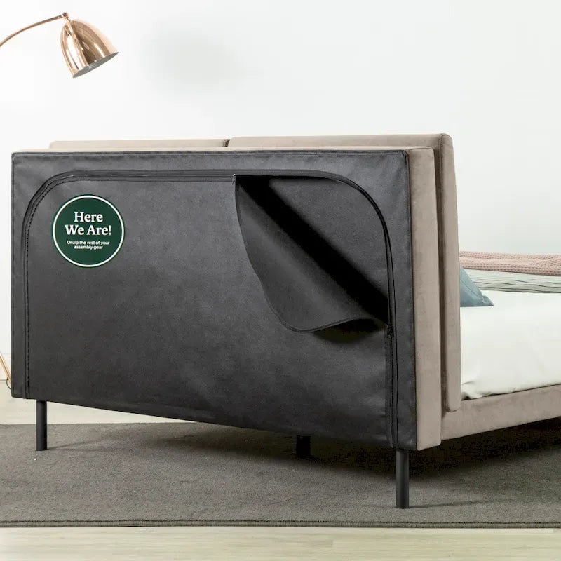 Priage by ZINUS Latte Velvet Upholstered Platform Bed Frame with Split Headboard