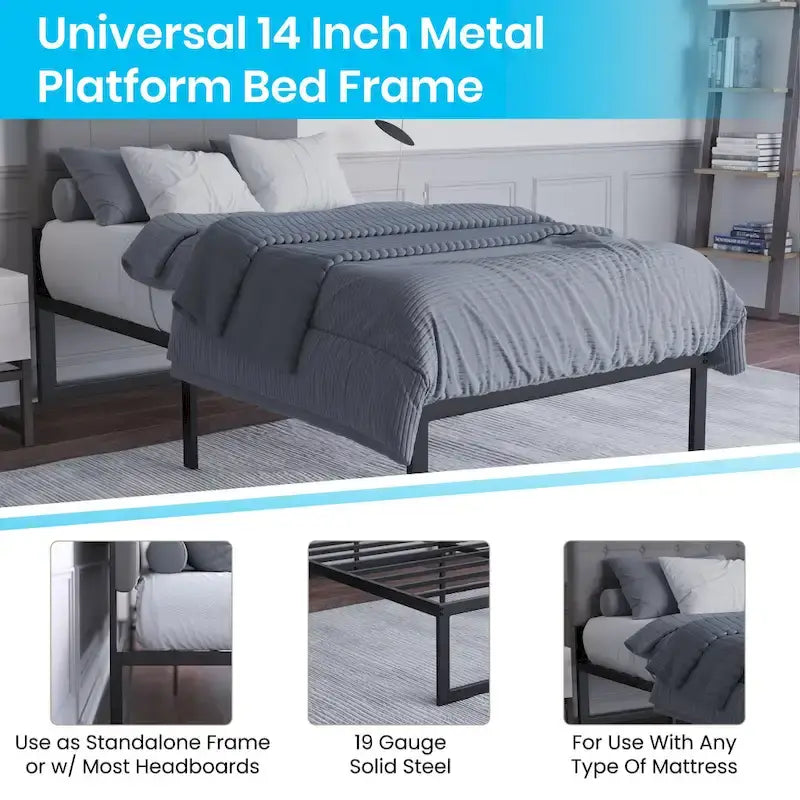 14 Metal Platform Bed Frame with Steel Slat Supports-No Foundation Needed