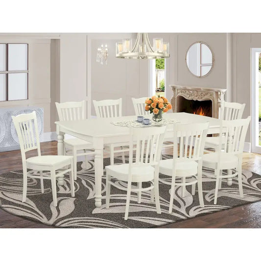 East West Furniture 9 Piece Kitchen Table Set Includes a Rectangle Dining Table and 8 Dining Room Chairs, Linen White