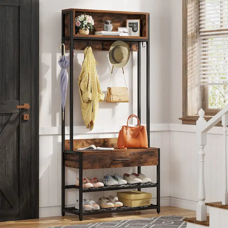 3-in-1 Rustic Brown Industrial Hall Tree with Shoe Bench and Hutch