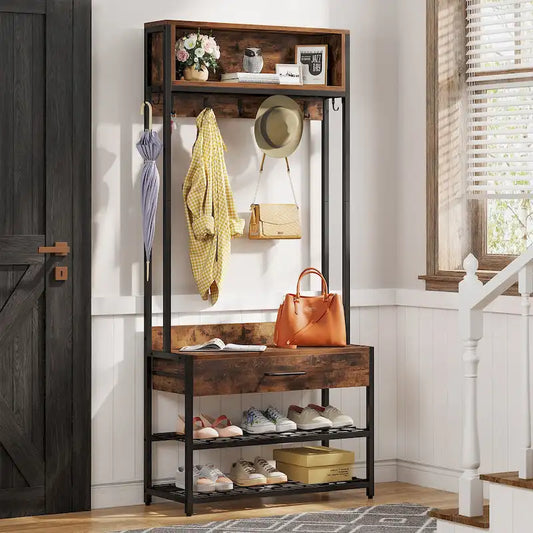 3-in-1 Rustic Brown Industrial Hall Tree with Shoe Bench and Hutch