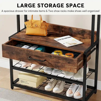 3-in-1 Rustic Brown Industrial Hall Tree with Shoe Bench and Hutch