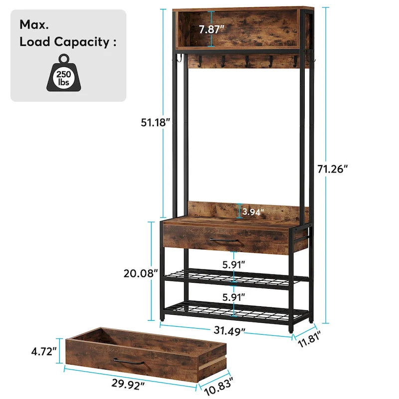 3-in-1 Rustic Brown Industrial Hall Tree with Shoe Bench and Hutch