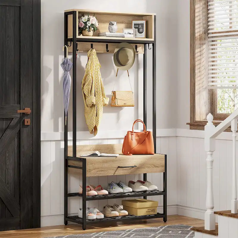 3-in-1 Rustic Brown Industrial Hall Tree with Shoe Bench and Hutch