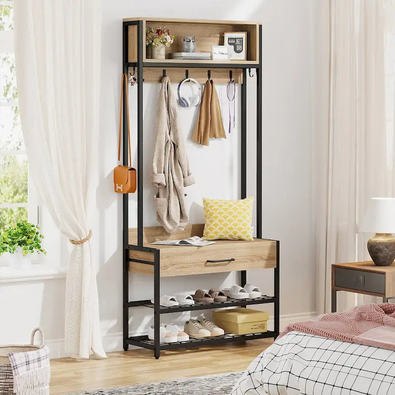 3-in-1 Rustic Brown Industrial Hall Tree with Shoe Bench and Hutch