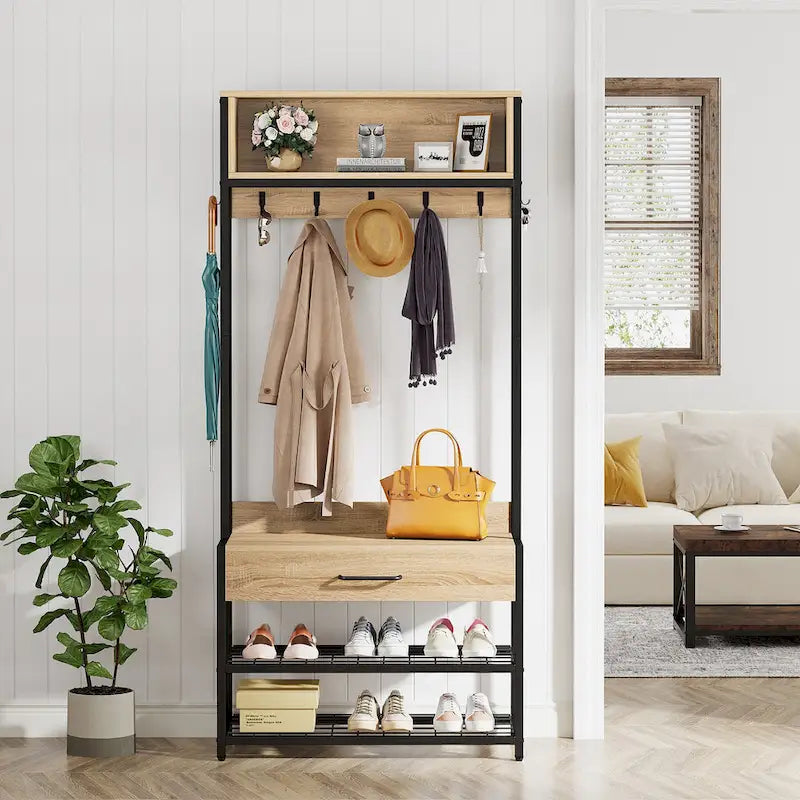 3-in-1 Rustic Brown Industrial Hall Tree with Shoe Bench and Hutch
