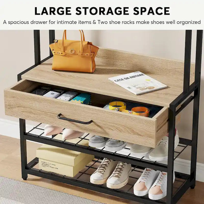 3-in-1 Rustic Brown Industrial Hall Tree with Shoe Bench and Hutch