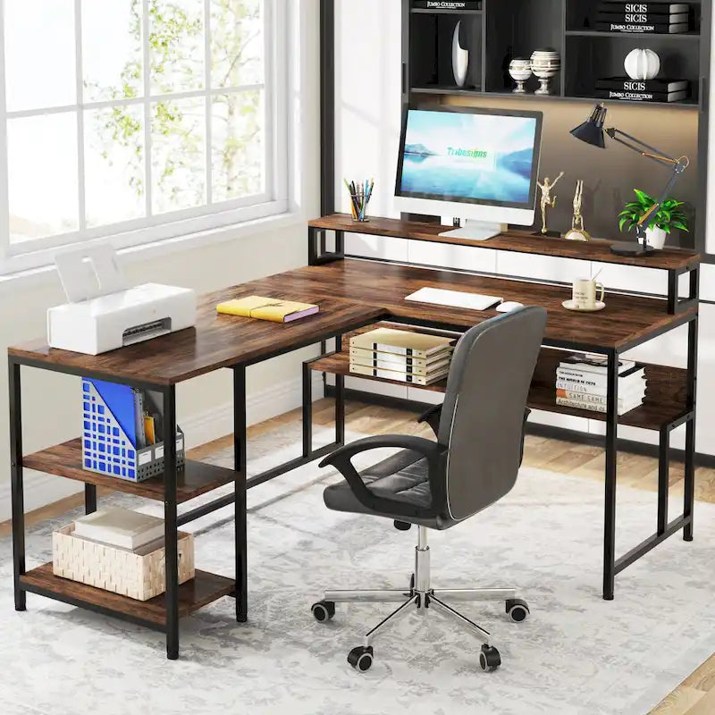 59 Corner L Shaped Desk with Monitor Stand and Storage Shelf,Reversible Large Workstation Desk Furniture for Home Office