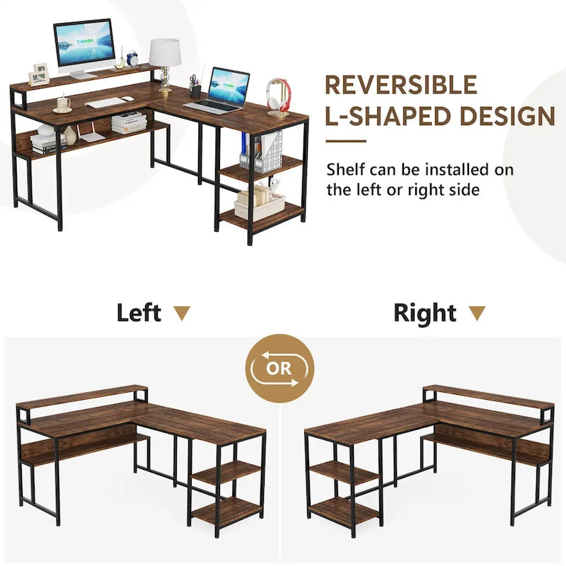 59 Corner L Shaped Desk with Monitor Stand and Storage Shelf,Reversible Large Workstation Desk Furniture for Home Office