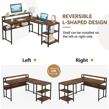 59 Corner L Shaped Desk with Monitor Stand and Storage Shelf,Reversible Large Workstation Desk Furniture for Home Office