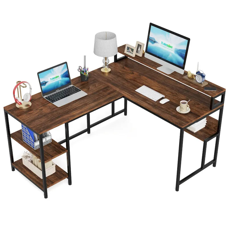59 Corner L Shaped Desk with Monitor Stand and Storage Shelf,Reversible Large Workstation Desk Furniture for Home Office