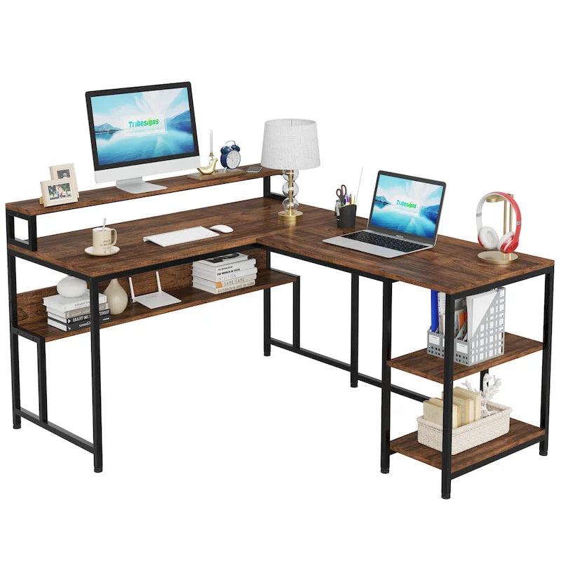 59 Corner L Shaped Desk with Monitor Stand and Storage Shelf,Reversible Large Workstation Desk Furniture for Home Office