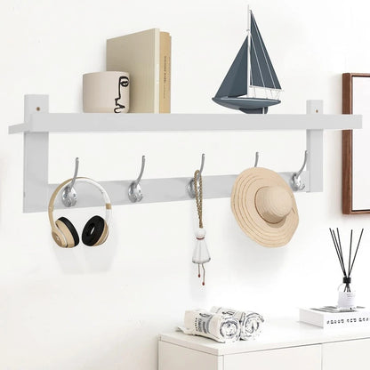 Coat Hooks with Shelf Wall-Mounted, Bamboo Hanging Shelf with 5 Double Metal Hooks