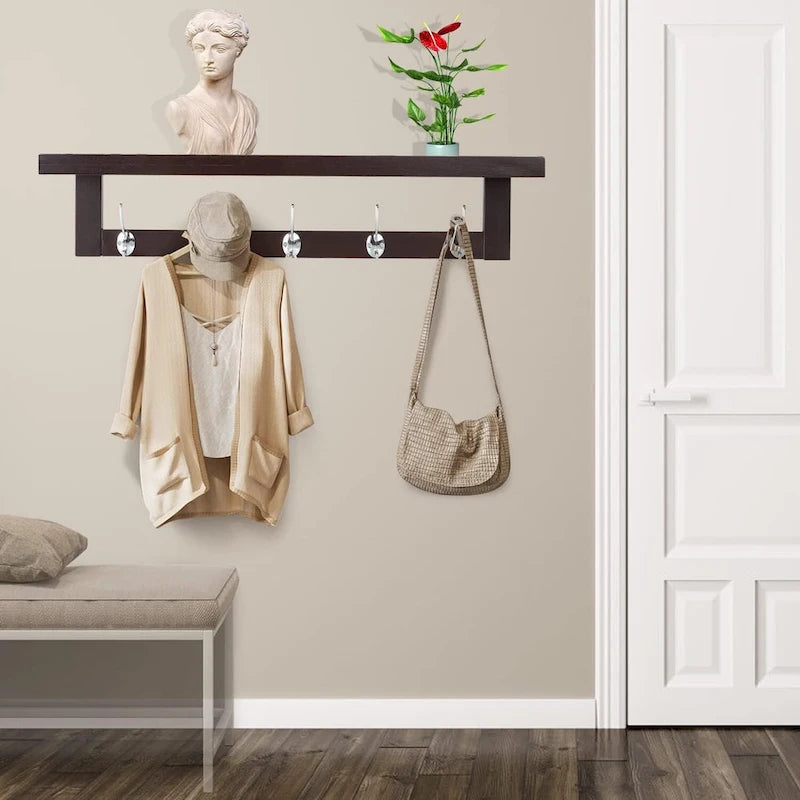 Coat Hooks with Shelf Wall-Mounted, Bamboo Hanging Shelf with 5 Double Metal Hooks