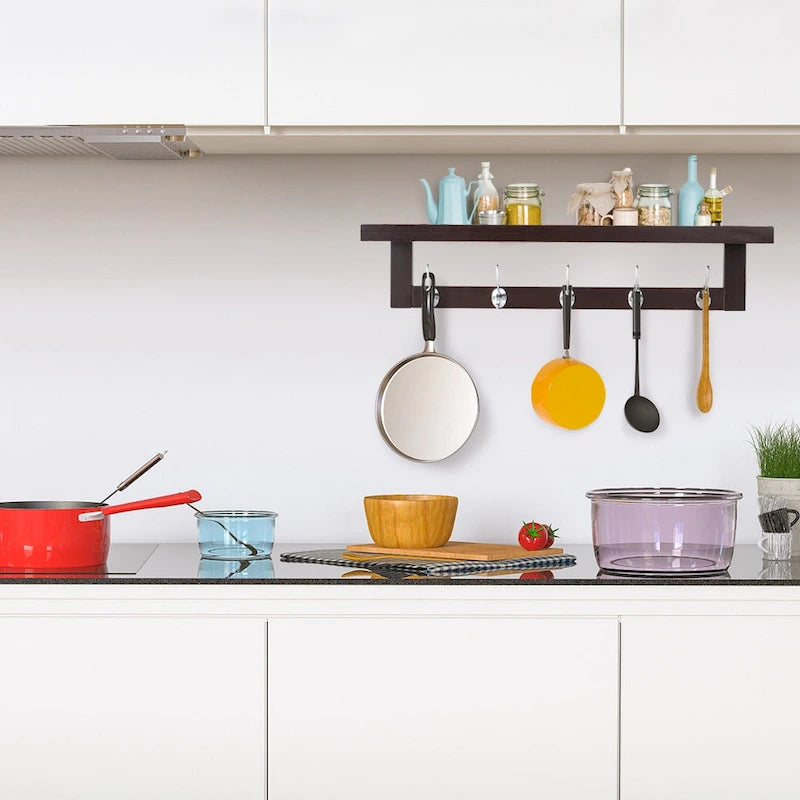 Coat Hooks with Shelf Wall-Mounted, Bamboo Hanging Shelf with 5 Double Metal Hooks