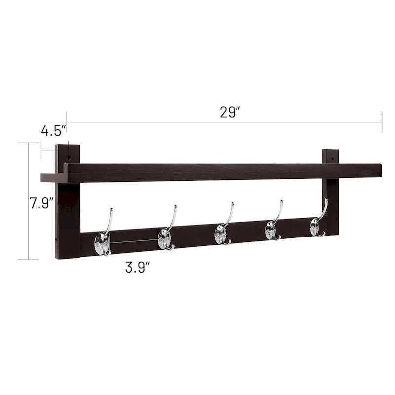 Coat Hooks with Shelf Wall-Mounted, Bamboo Hanging Shelf with 5 Double Metal Hooks