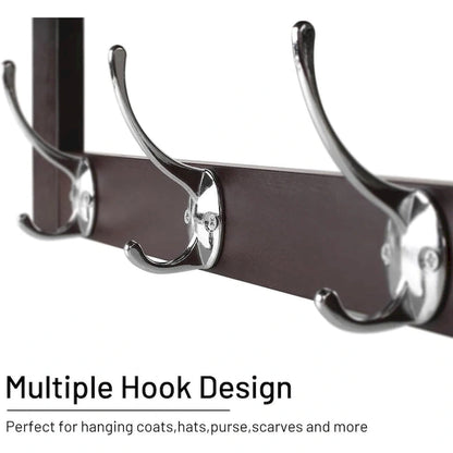 Coat Hooks with Shelf Wall-Mounted, Bamboo Hanging Shelf with 5 Double Metal Hooks