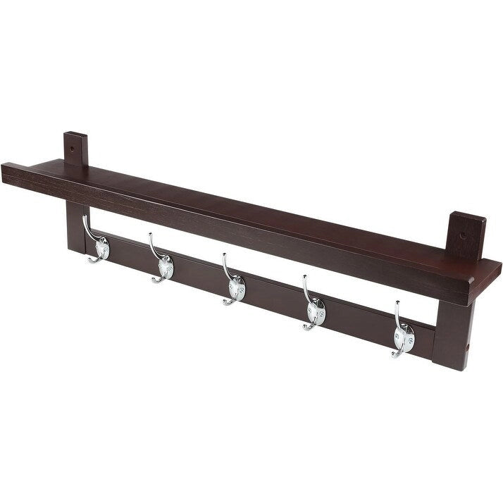 Coat Hooks with Shelf Wall-Mounted, Bamboo Hanging Shelf with 5 Double Metal Hooks