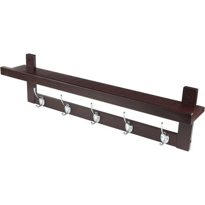 Coat Hooks with Shelf Wall-Mounted, Bamboo Hanging Shelf with 5 Double Metal Hooks