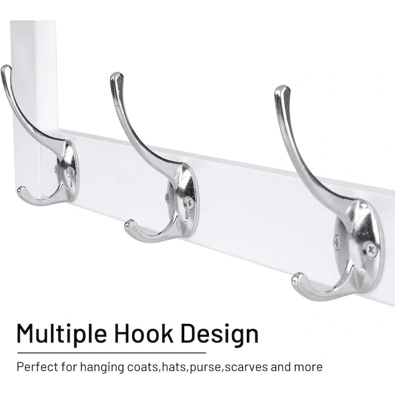 Coat Hooks with Shelf Wall-Mounted, Bamboo Hanging Shelf with 5 Double Metal Hooks